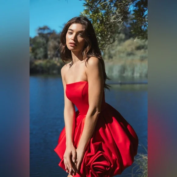 MAC DUGGAL
Red Strapless Mini Dress With Rose Ruffle Detail size 12 Holiday - Picture 2 of 6